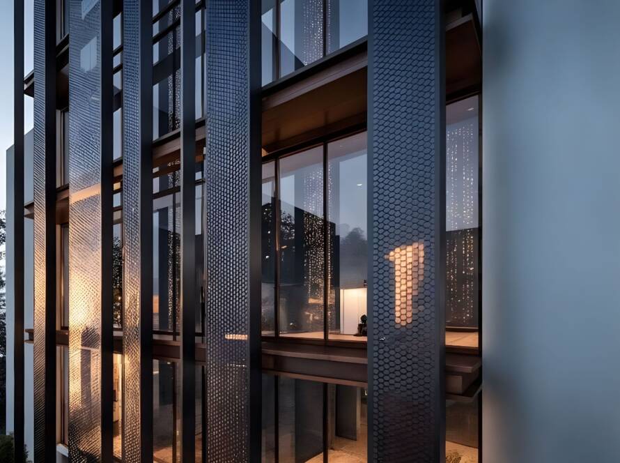 Steel House & Office cephesinde aydınlatılmış daire pencereleri, akşam görünümü