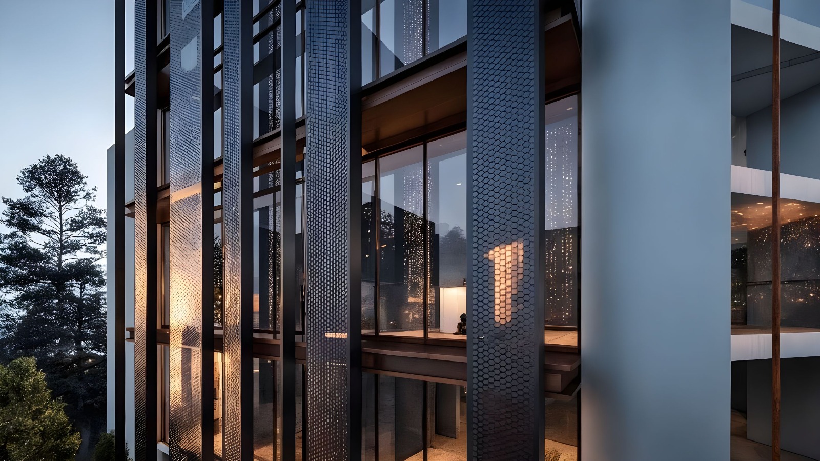 Steel House & Office cephesinde aydınlatılmış daire pencereleri, akşam görünümü