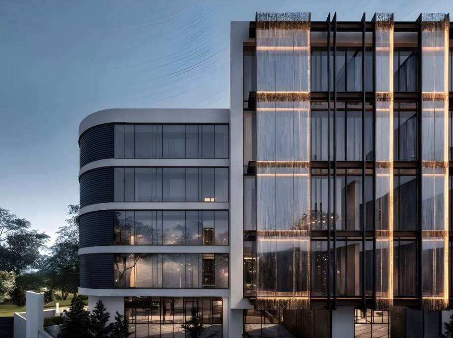 Steel House & Office binası ağaçlarla çevrili çevresiyle birlikte, Karahasanlı