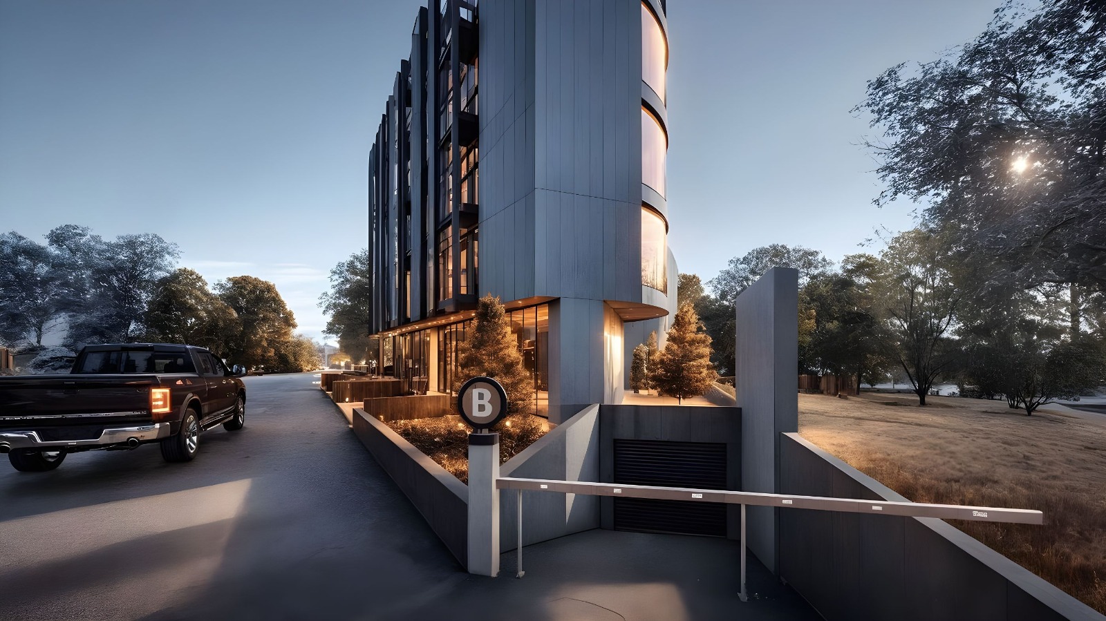 Steel House & Office: sokak cephesi, bina girişi ve otopark rampası, akşam görünümü
